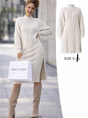 Sanctuary Ivory Cable Knit Midi Sweater Dress